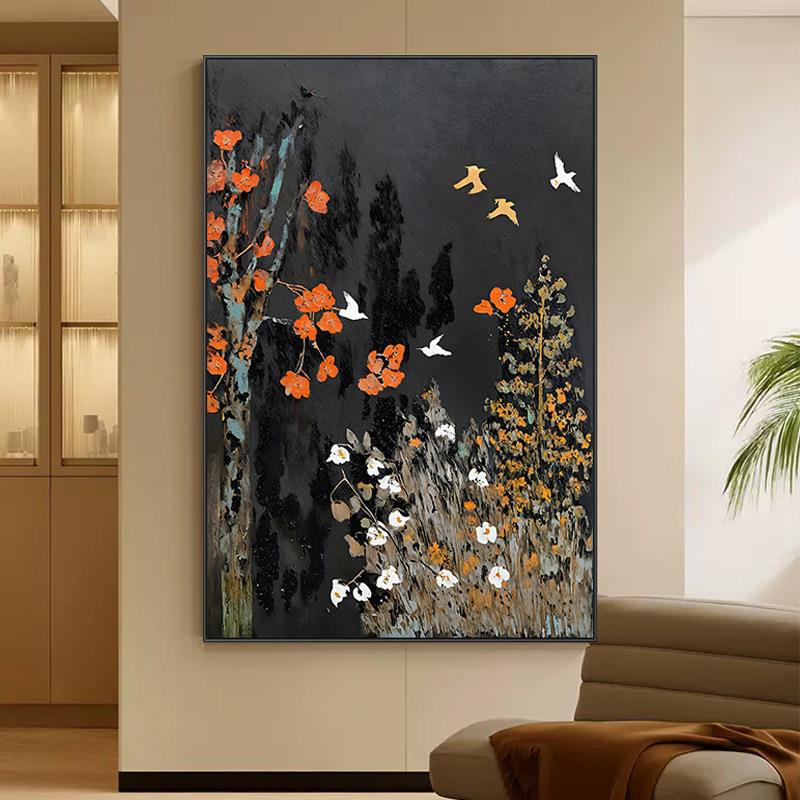 北欧大芬村油画花鸟中古风走廊过道挂画水墨风客厅装饰画玄关画