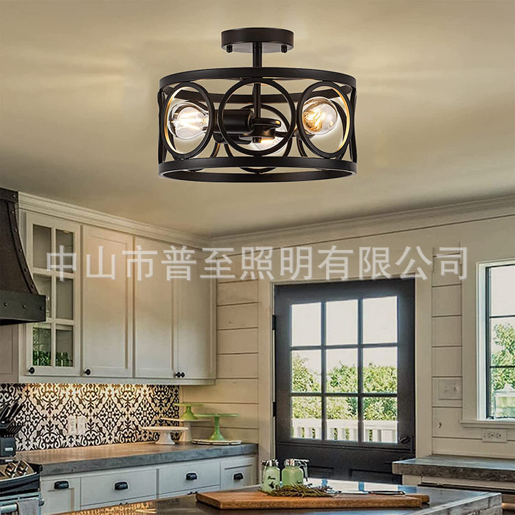 亚马逊美式工业农舍嵌入式安装天花板灯具 E26复古金属笼黑色灯具