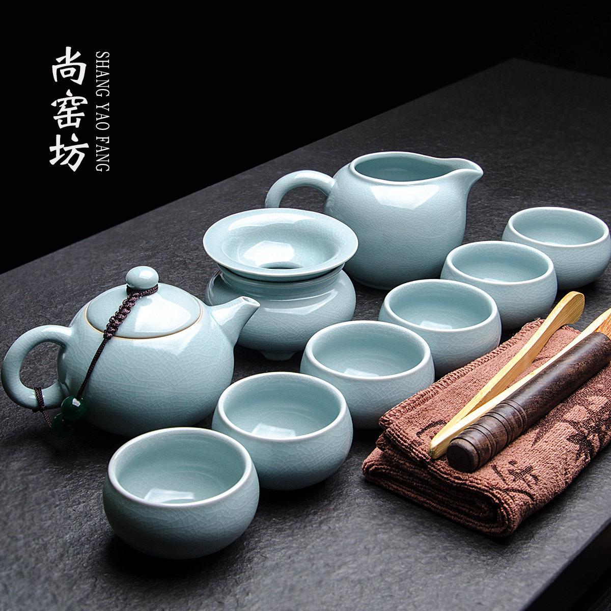 景德镇天青汝窑陶瓷功夫茶具套装家用品茶壶盖碗泡茶杯组合小型轻