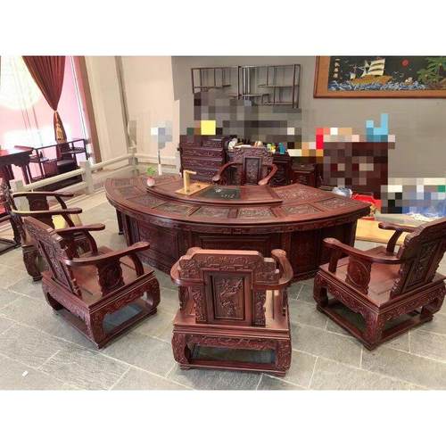 3.2米中式红木茶桌椅组合南美酸枝雕花会客茶几实木扇形茶台茶桌