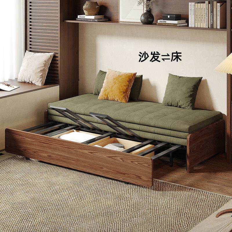 慕也家具实木伸缩沙发床折叠两用储物书房小户型双人无扶手抽拉床