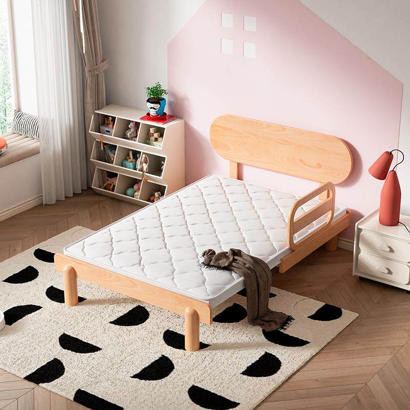 儿童伸缩床实木榉木抽拉床男孩女孩单人床小户型拼接带护栏折叠床