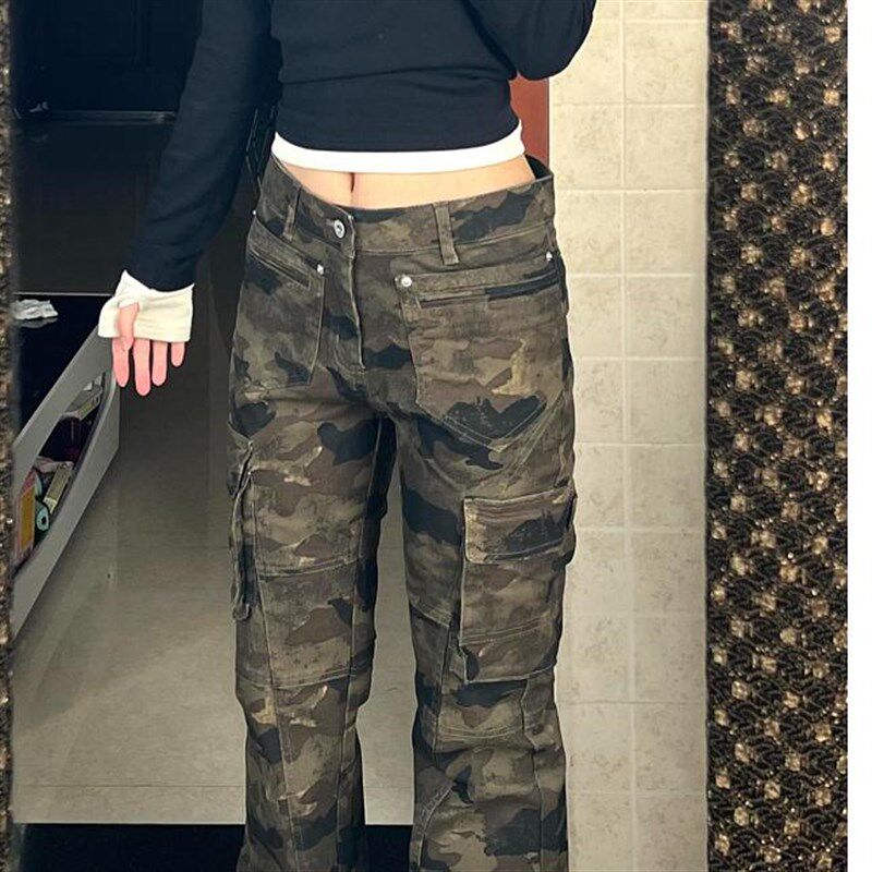 大码美式复古辣妹迷彩微喇牛仔裤女街头修身直筒显瘦多口袋工装裤