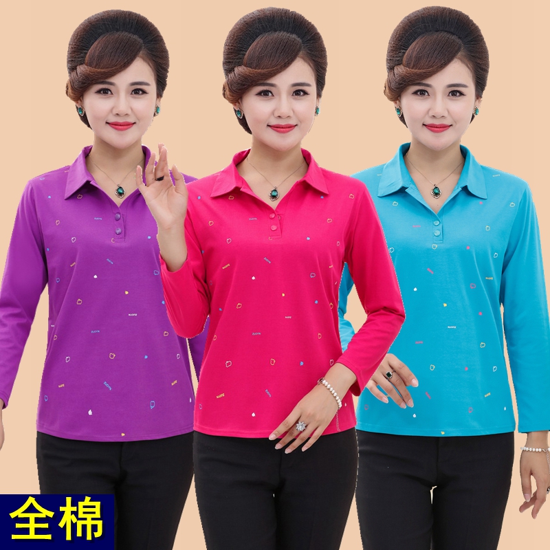 40-50岁女妈妈装春装长袖T恤中老年女装春秋款全棉小衫印花上衣服