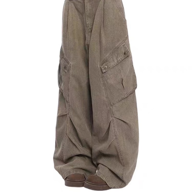 复古美拉德棕色褶皱大口袋工装牛仔裤女夏薄款宽松直筒阔腿拖地裤