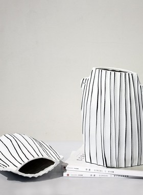 现代简约黑白条纹几何花器样v板房餐厅酒店卧室客厅创意家居装饰