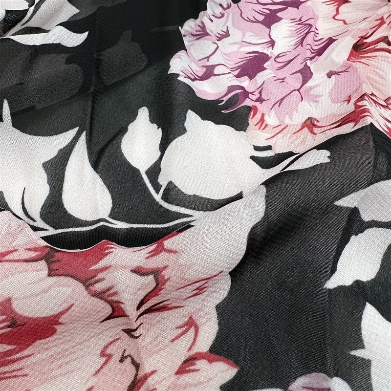 雪纺印花布料 3米35春夏微透无弹黑底大花轻薄连衣裙手工面料