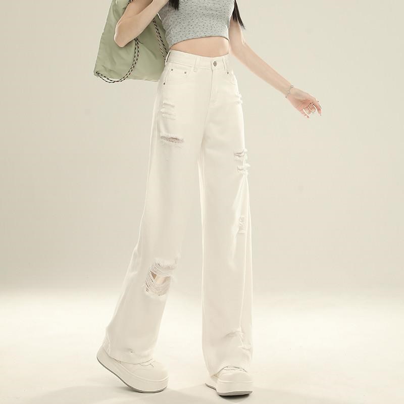 白色破洞牛仔裤女夏天薄款2024新款直筒宽松高腰窄版Y拖地阔腿裤