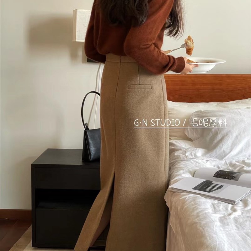 GN 后开叉中长款A字毛呢直筒包臀半身裙女秋冬高腰百搭加厚西装裙