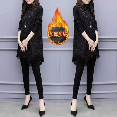 秋冬胖mm加大码宽松遮肚子高领不规则A字打底裙微胖mm流苏连衣裙