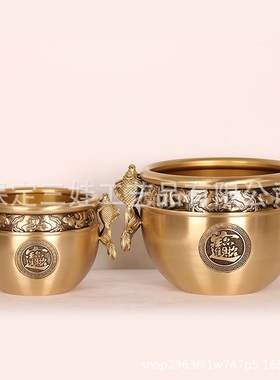 黄铜百福招i财进宝招财缸福鱼进宝办公室家用摆件聚宝盆工艺品