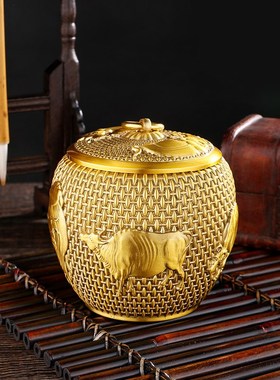 黄铜带盖防潮防虫五牛茶叶v罐大容量存茶储茶罐客厅书房茶叶桶摆