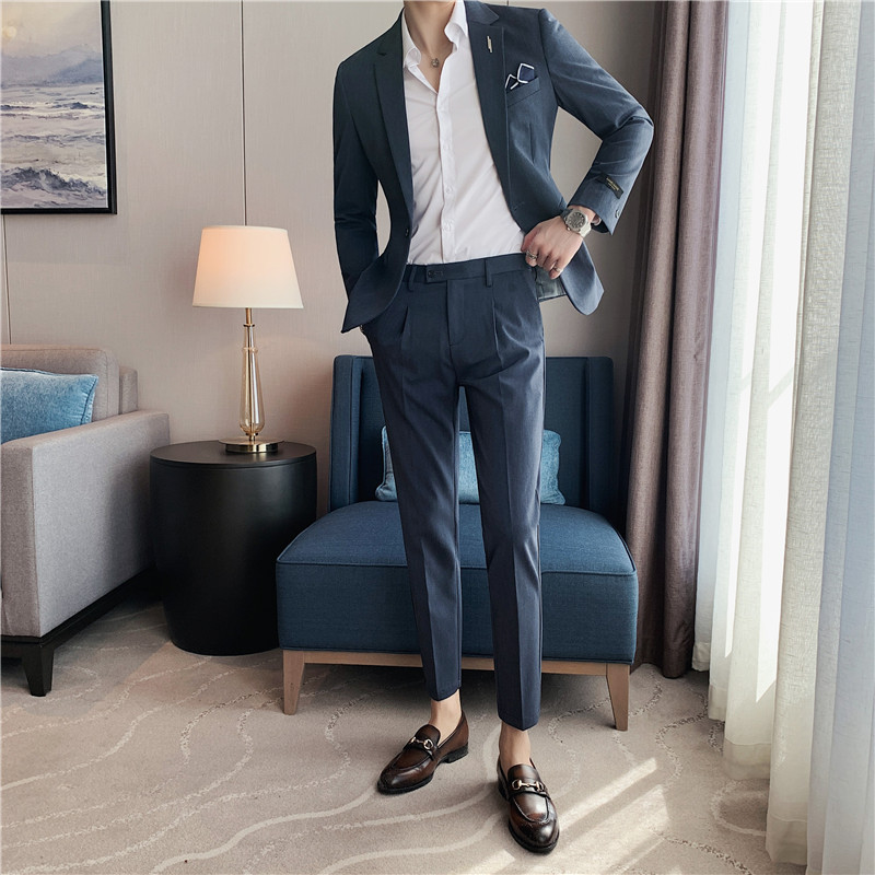 男士西服套装2021春夏新款气质纯色西装男套装修身韩版休闲两件套