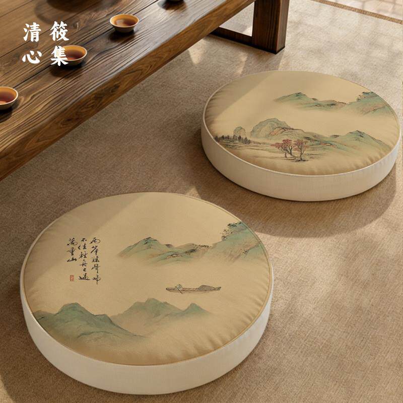 新中式古风山水蒲团坐垫打坐禅修飘窗茶室地上圆形棉麻大号海绵垫