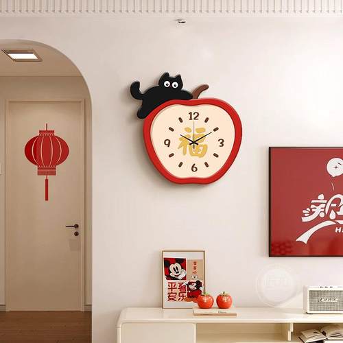 挂钟客厅2025新款轻奢高级感免打孔静音卡通猫咪时钟装饰画钟表