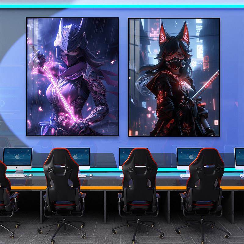 赛博朋克机甲少女游戏装饰画led灯网咖电竞房发光挂画卧室壁画