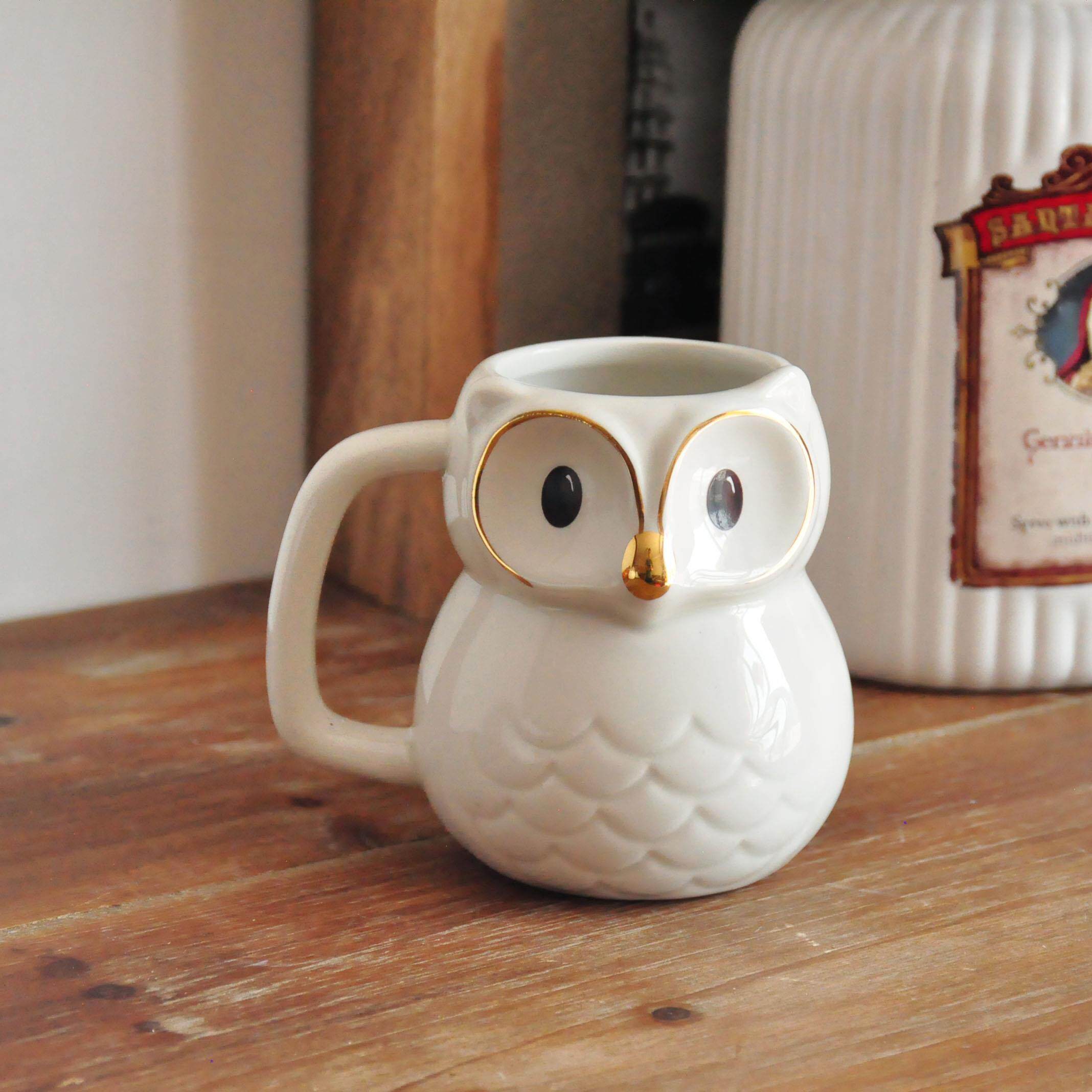 外贸乡村彩绘少女心可爱陶瓷猫头鹰金边杯子 家居办公桌水杯摆件