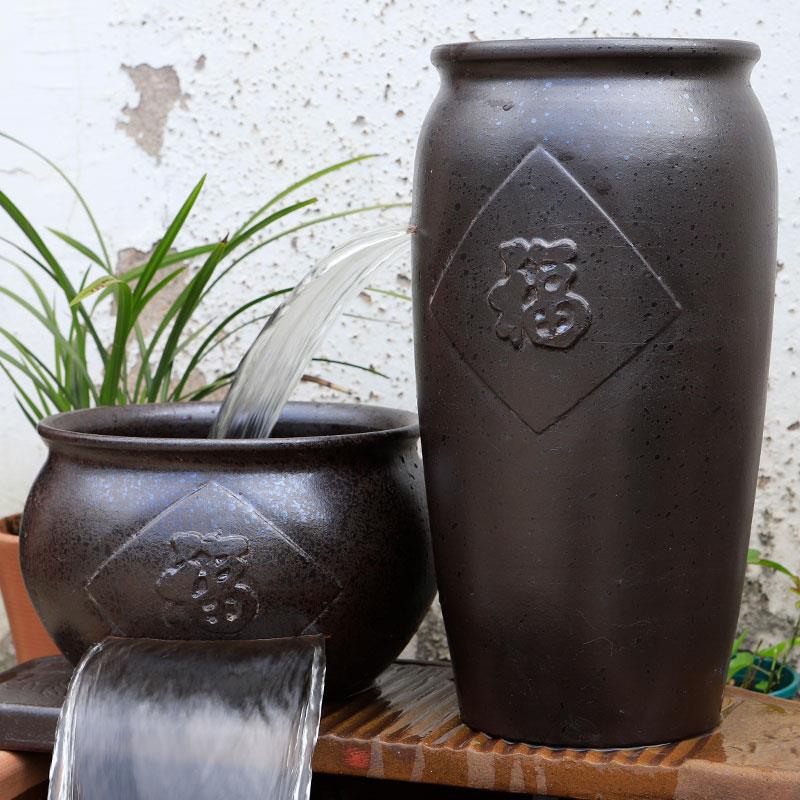 流水陶罐瀑布全套造景生态循环水养鱼古法鱼缸复古过滤器摆件鱼池