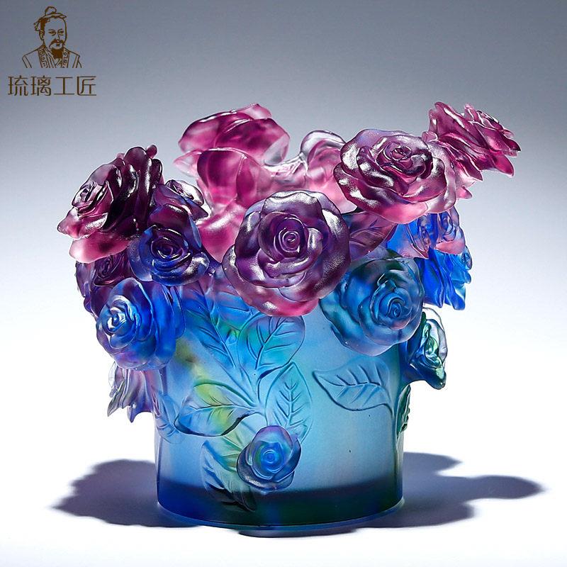 非遗手工艺琉璃创意玫瑰花小花瓶轻奢高级感乔迁新居礼物桌面摆件