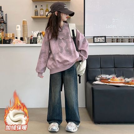 女童加绒a卫衣套装秋冬装2024新款洋气大童上衣儿童冬季加厚打底