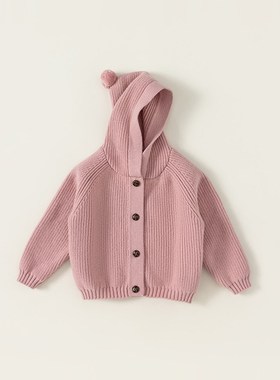 宥宝童装儿童毛衣春秋季男女童纯色连帽针织开衫儿童外套QY82005