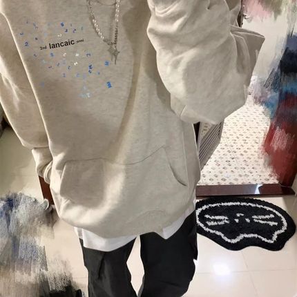 美式高街白灰色连帽卫衣男女秋冬季F潮牌小众设计感加绒外套上衣