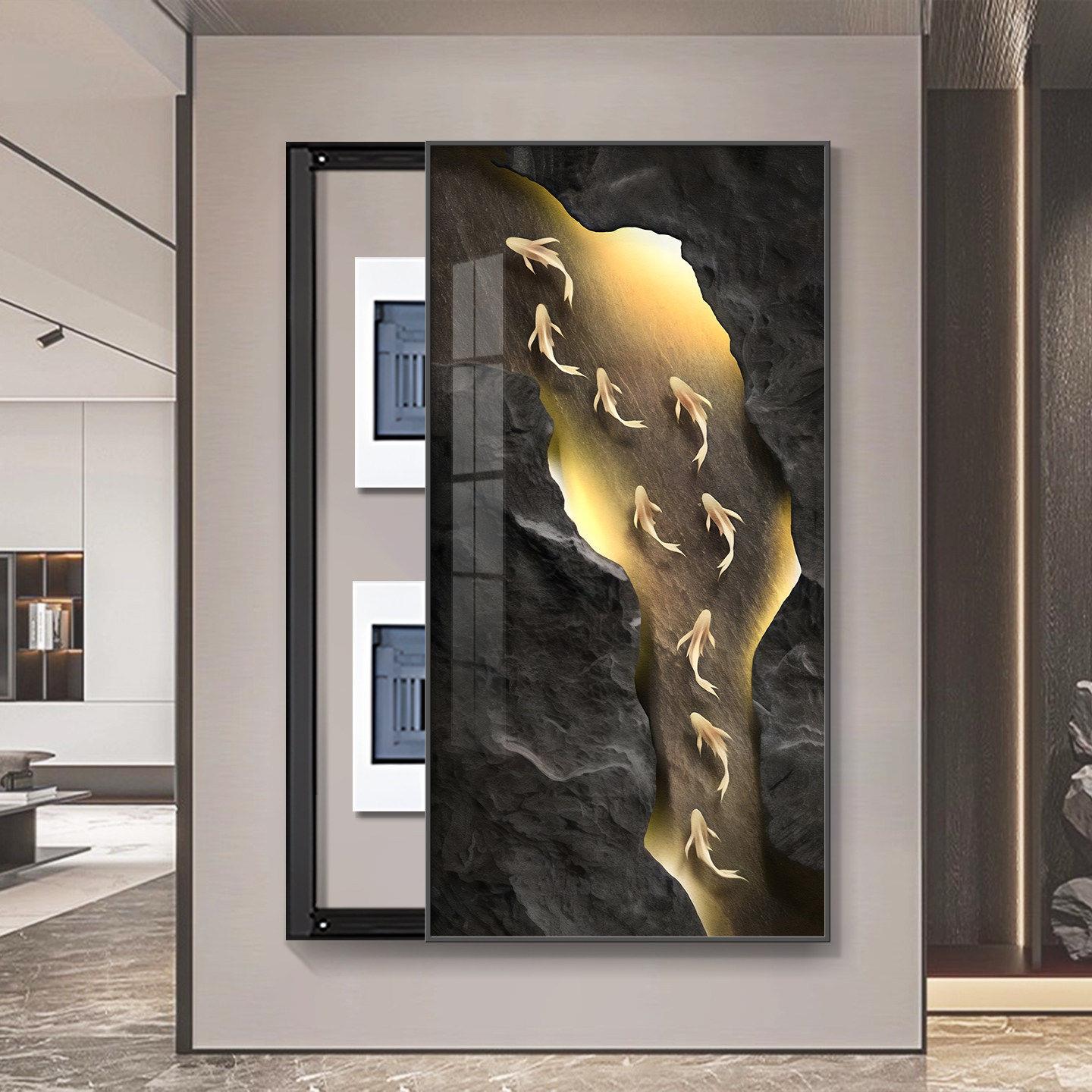轻奢九鱼电表箱装饰画玄关大尺寸竖款网络线盒遮挡画电闸开关挂画