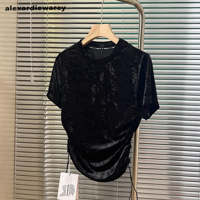 美式欧货24夏季新款圆领休闲短袖抽绳修身显瘦短款上衣丝绒T恤女