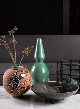 新中式轻奢绿色花器n装饰品客厅陶瓷葫芦插花花瓶房间玄关高端摆