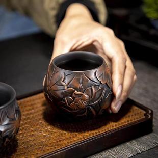 杰茂云南紫陶满雕荷花茶杯镂空水杯家用办公大容量高档茶杯礼盒装