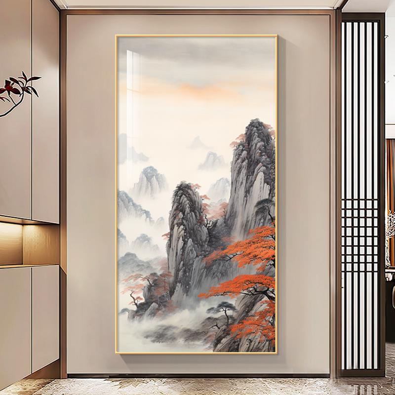 山水风景玄关装饰画新水墨画中式鸿运当头靠山图走廊过道竖版挂画