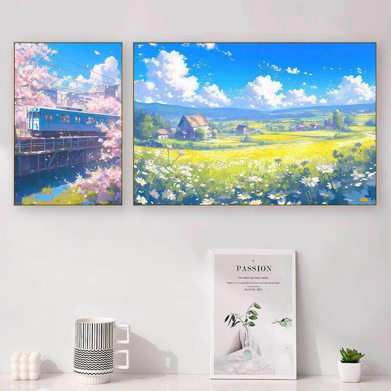沙滩海岸装饰画餐厅农村村庄草原风景挂画卧室蓝天白云大芬村壁画