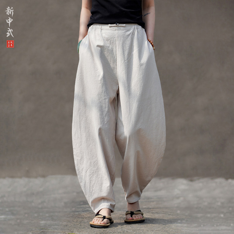 新中式春夏棉麻休闲阔腿裤瑜伽裤宽松大码男女纯色哈伦裤复古长裤