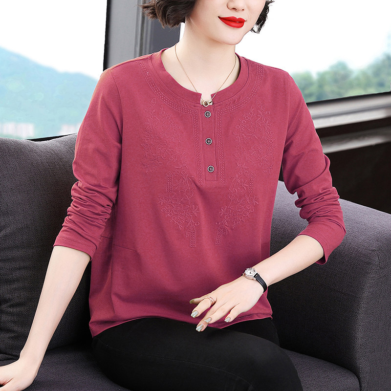 纯棉长袖t恤女 春秋装新款宽松时尚洋气上衣中老年妈妈打底衫外穿