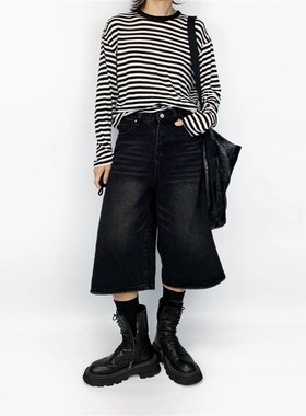尢系UXI 日系复古黑色水洗宽松阔腿裤七分牛仔短裤直筒裤
