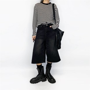 直筒裤 七分牛仔短裤 日系复古黑色水洗宽松阔腿裤 尢系UXI