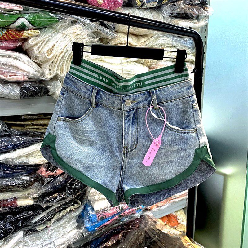 地球店 复古洗水撞色拼接高腰牛仔短裤女夏季双腰假两件阔腿裤