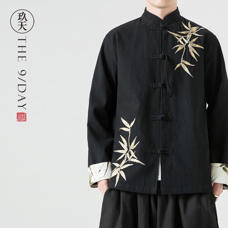 秋冬季新中式男装棉麻唐装外套中国风汉服亚麻盘扣衬衫竹子刺绣衬
