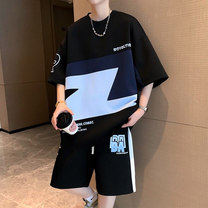 冰丝短袖t恤男孩初中学生速干衣服套装青少年宽松大童休闲运动潮