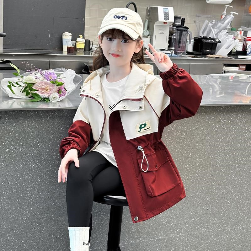 女童外套春装儿童冲锋衣2025新款洋气女孩中长款连帽风衣大童衣服