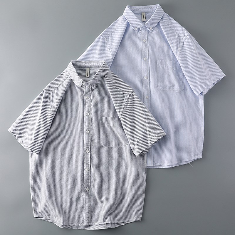 全棉牛津纺衬衫男短袖日系条纹宽松潮牌潮流衣服外贸男装纯棉衬衣