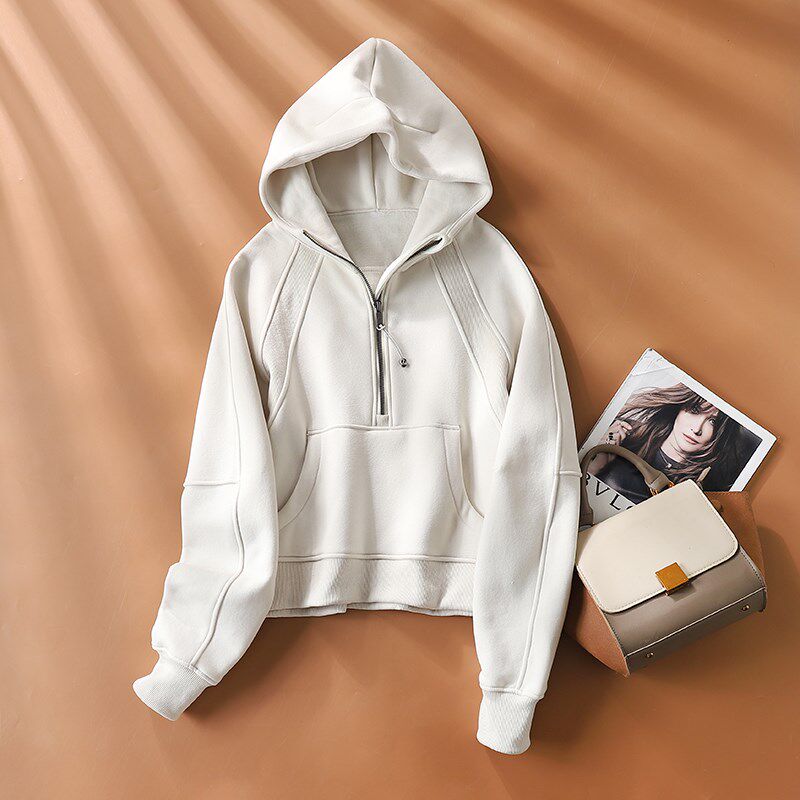 半拉链连帽宽松卫衣加绒套头外套女冬休闲运动小个子短款外套女冬