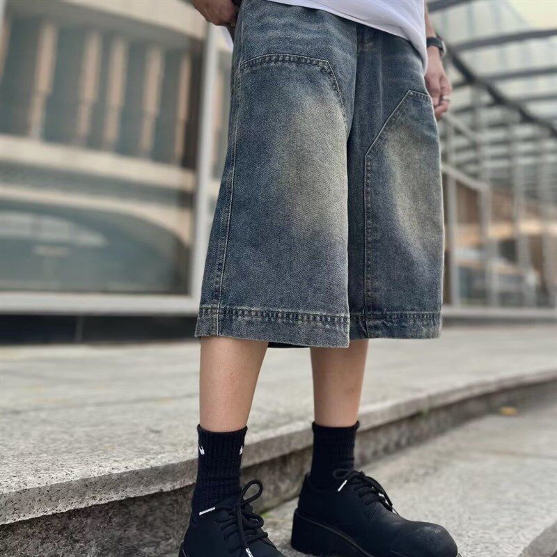 美式复古水洗拼接牛仔短裤男女做旧夏季高街宽松阔腿休闲七分裤子