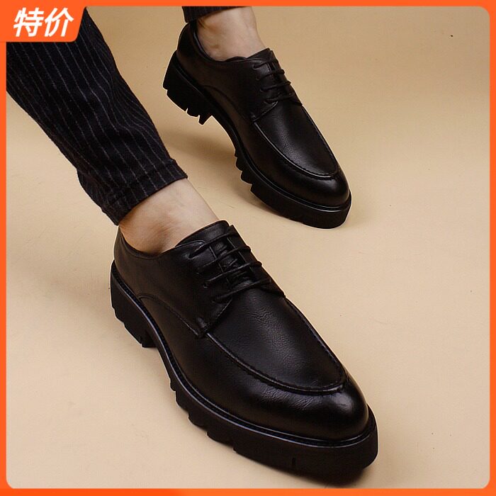 春秋季新品男士韩版尖头皮鞋男休闲皮鞋鞋子发型师厚底增高真皮鞋