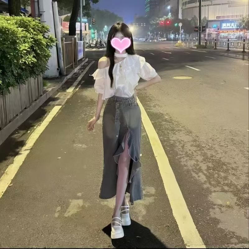 夏季气质韩版高级感御姐轻熟风设计感小众上衣牛仔裙子两件套装女