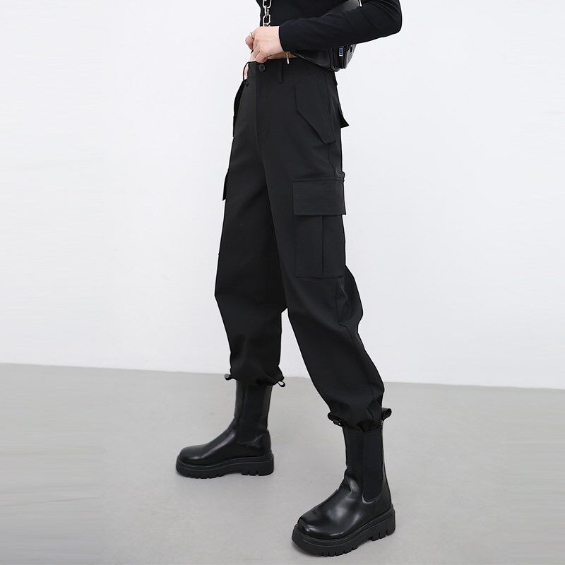 2024新款厚实直筒休闲裤子宽松阔腿束脚黑色加绒工装裤女款秋冬