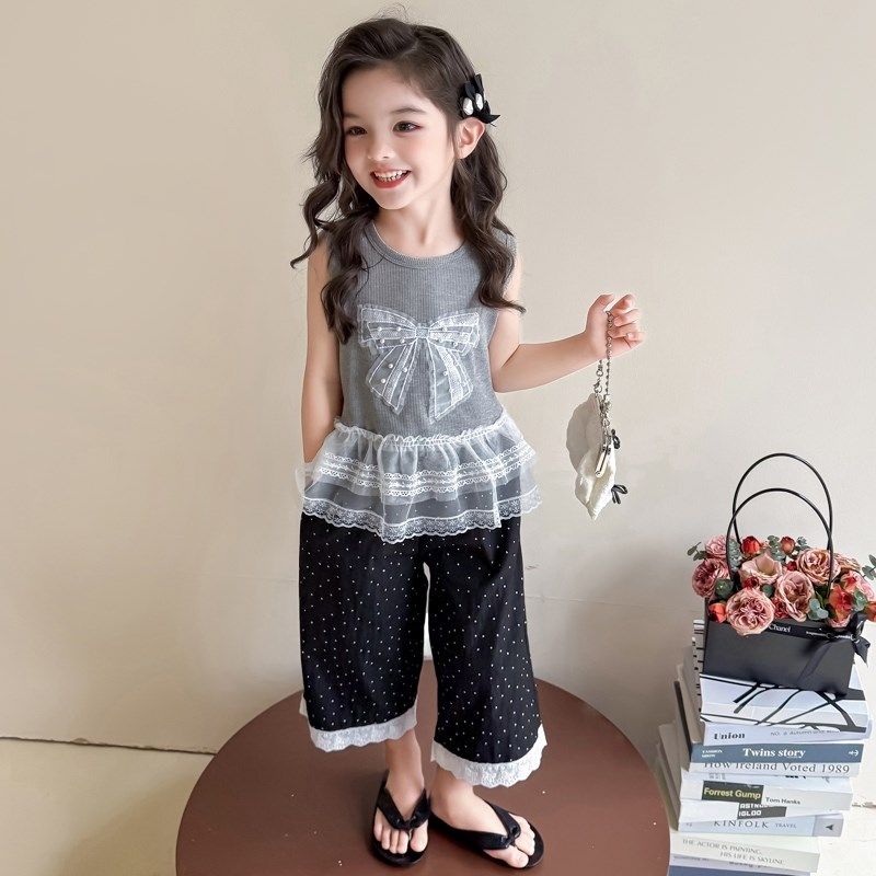 女童夏季新款韩版时尚百搭宽松休闲蕾丝短袖T恤阔腿裤潮宝宝套装