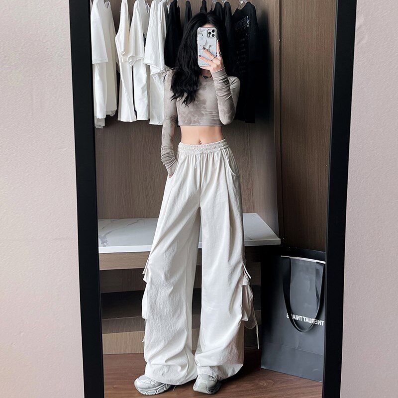 工装裤女款2025春秋新款宽松直筒休闲裤束脚阔腿裤美式白色运动裤
