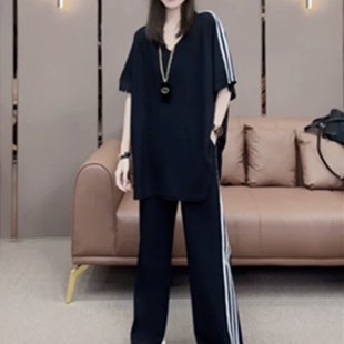 时尚 宽松薄款 V领短袖 阔腿长裤 女 胖MM2 运动休闲两件套装 300斤大码