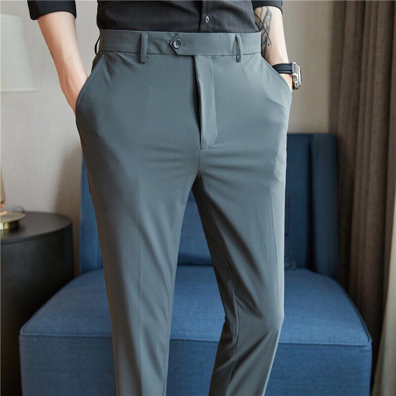 男士裤子细条纹薄款冰丝休闲裤韩版修身商务弹力时尚西裤小脚长裤